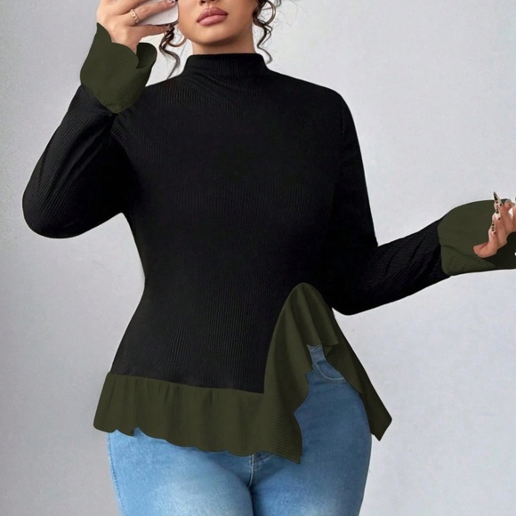 Plus Solid Color block Ruffle Hem Long Sleeve Mock Neck Top - Picture 1 of 5